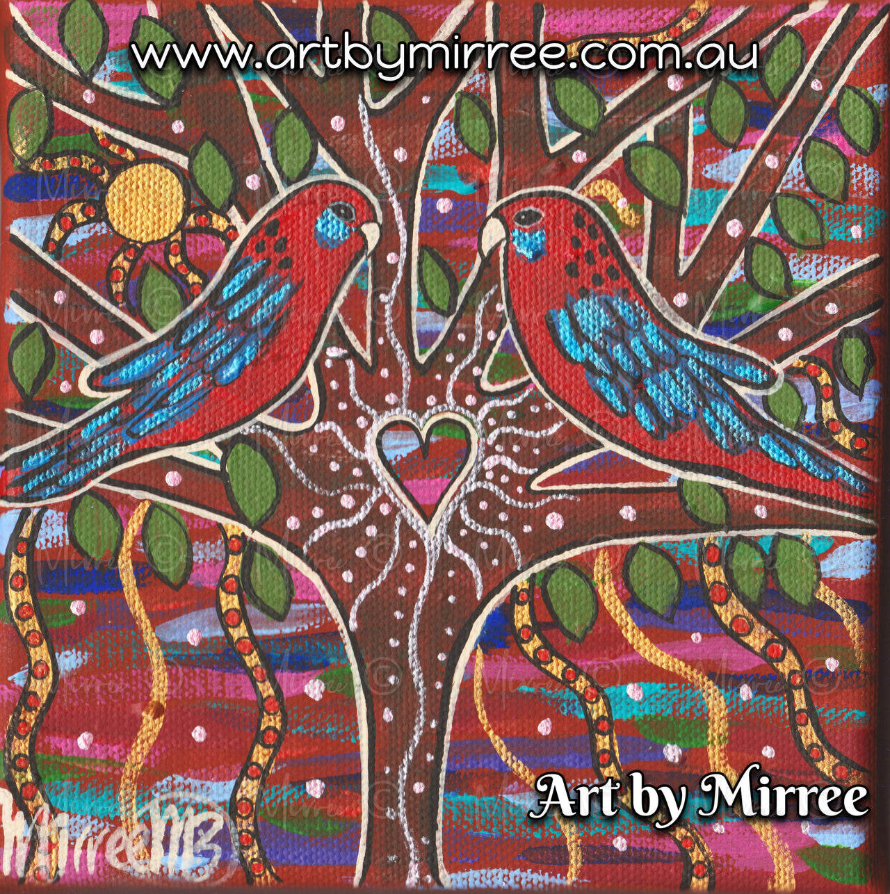 Crimson Rosella Growing Dreaming Contemporary Aboriginal Art Original Painting by Mirree