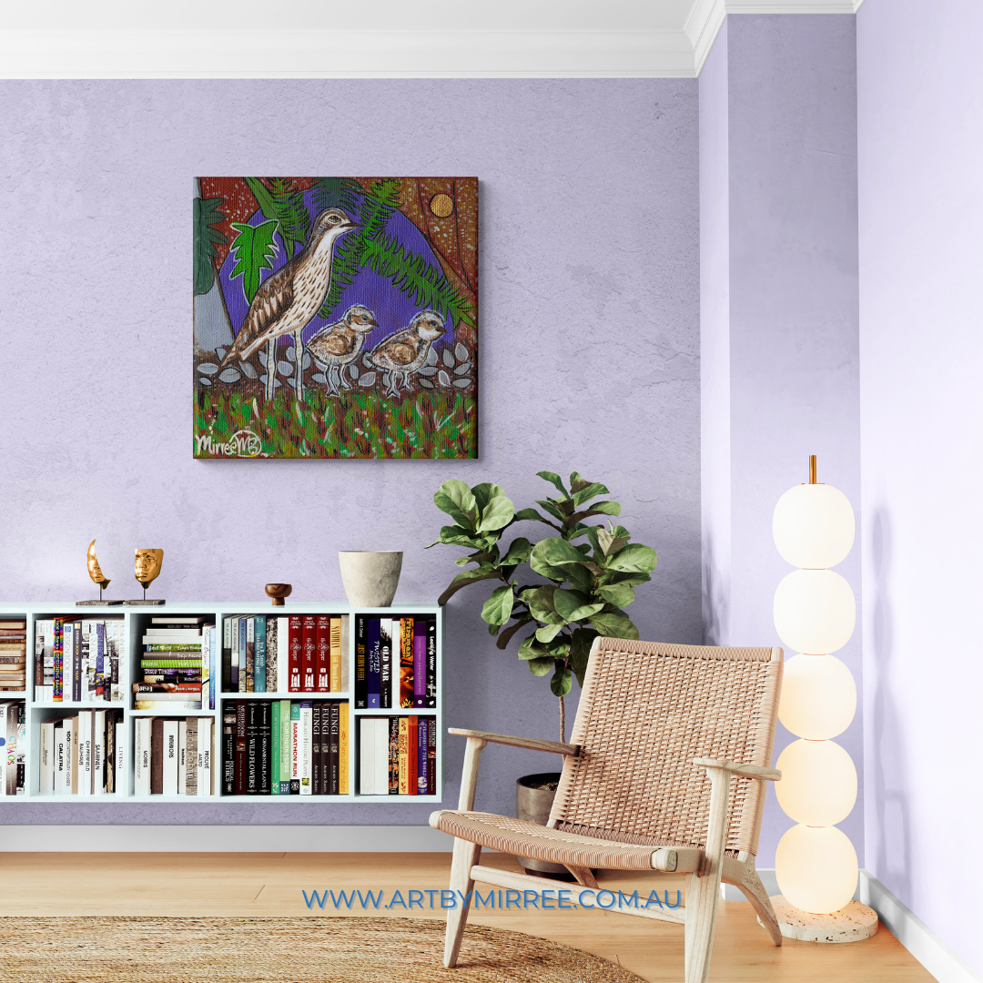 Bush Stone Curlew with Babies Framed Canvas Print by Mirree Contemporary Aboriginal Art