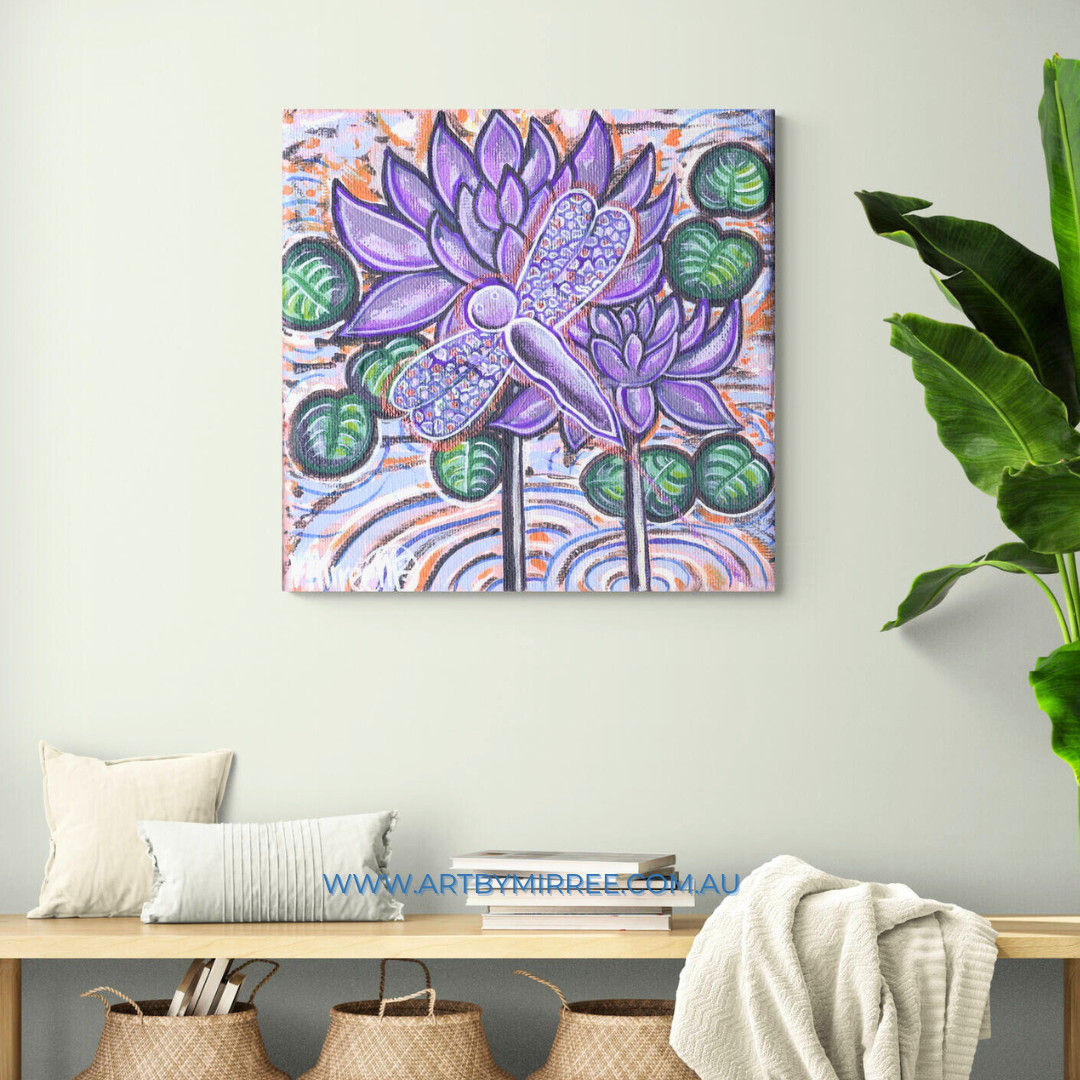 Lily Pad Dreaming with Dragonfly Framed Canvas Print by Mirree Contemporary Aboriginal Art