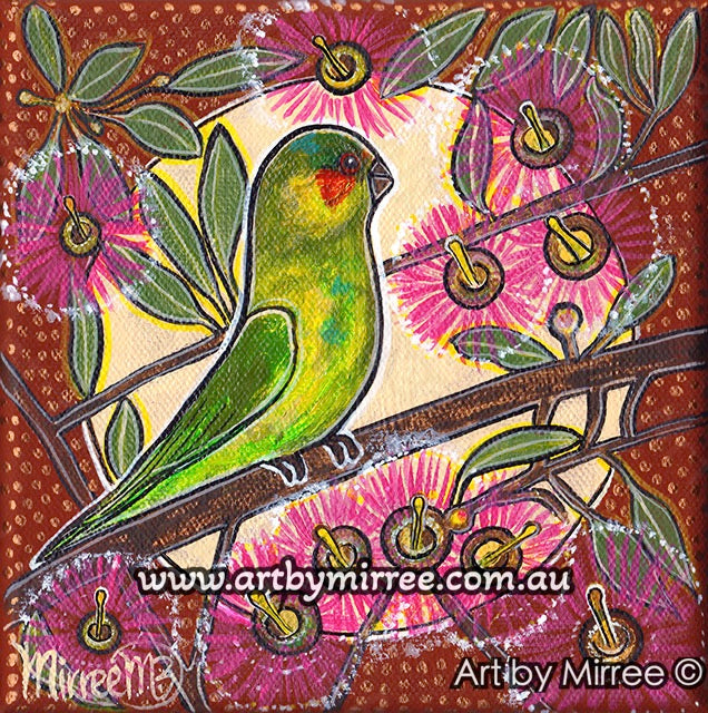 Musk Lorikeet with Summer Beauty Flowering Eucalyptus ORIGINAL PAINTING by Mirree Contemporary Aboriginal Art