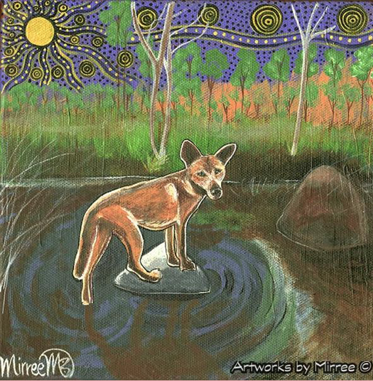 Australian Desert Dingo by Waterhole Framed Canvas Print by Mirree Contemporary Aboriginal Art