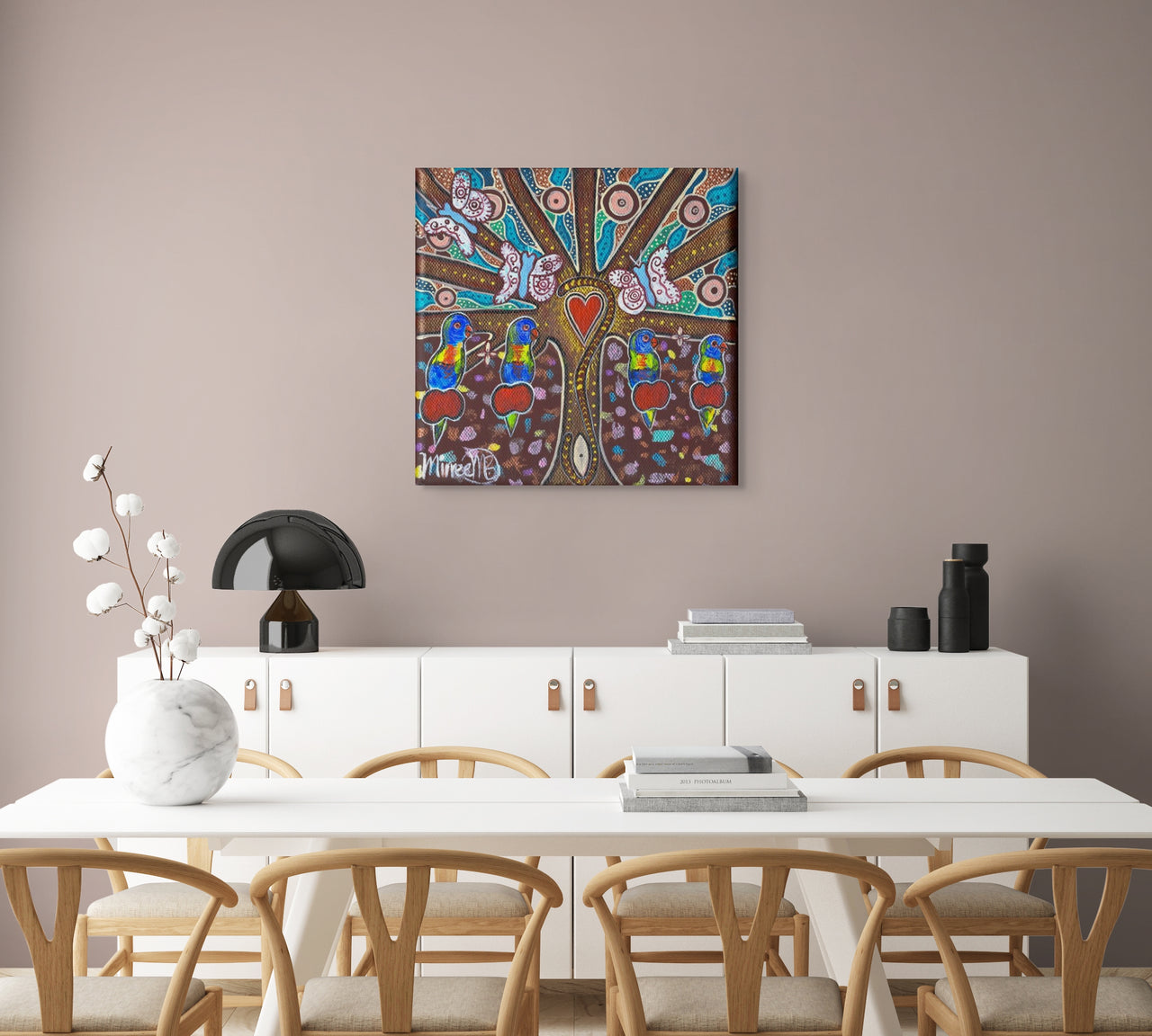 'Sacred Family Tree with Rainbow Lorikeet & Butterfly' FRAMED Canvas Print by Mirree Contemporary Aboriginal Art