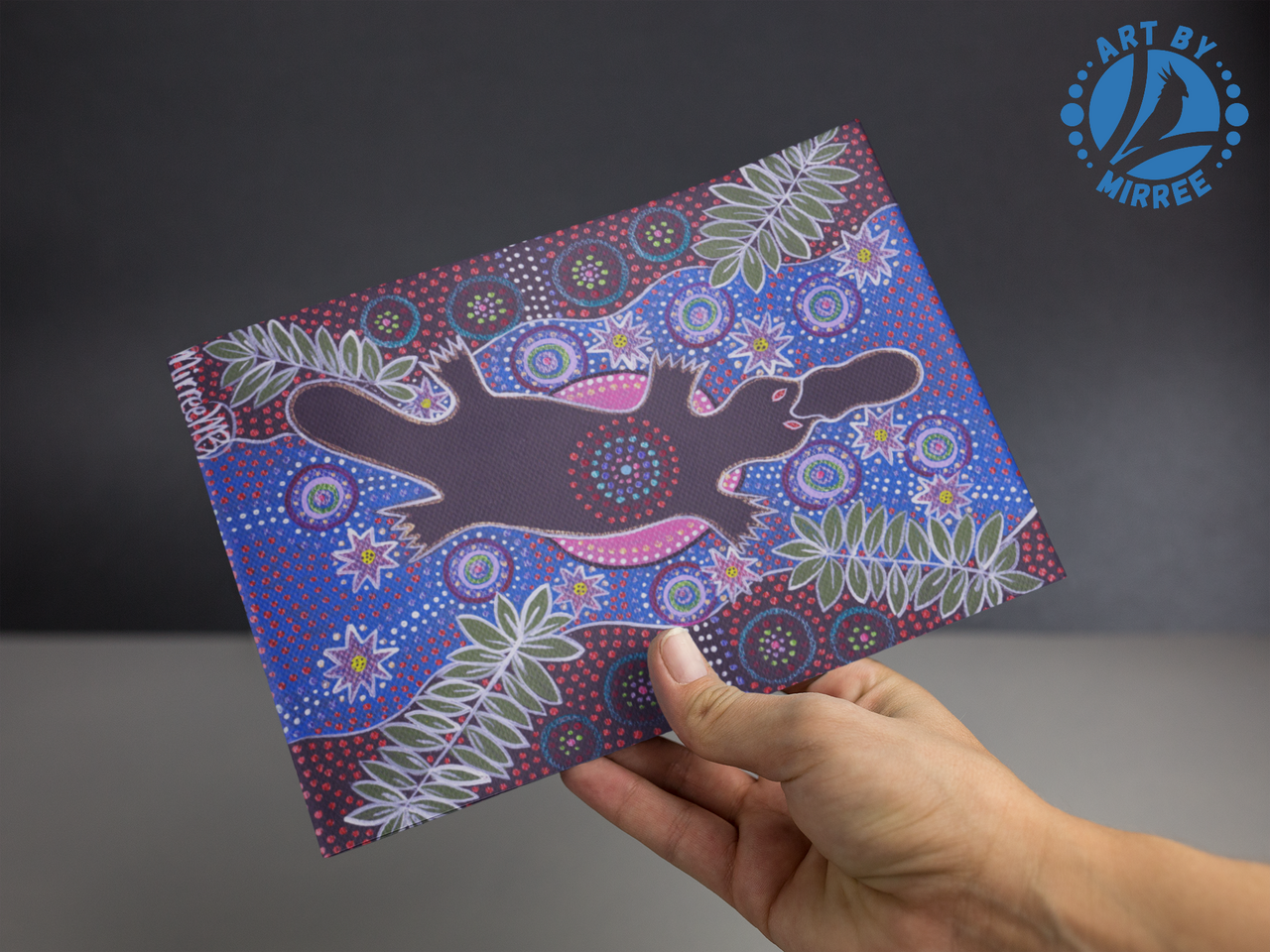 Platypus Dreaming with Pink Moon & Lotus Aboriginal Art by Mirree A6 PostCard Single