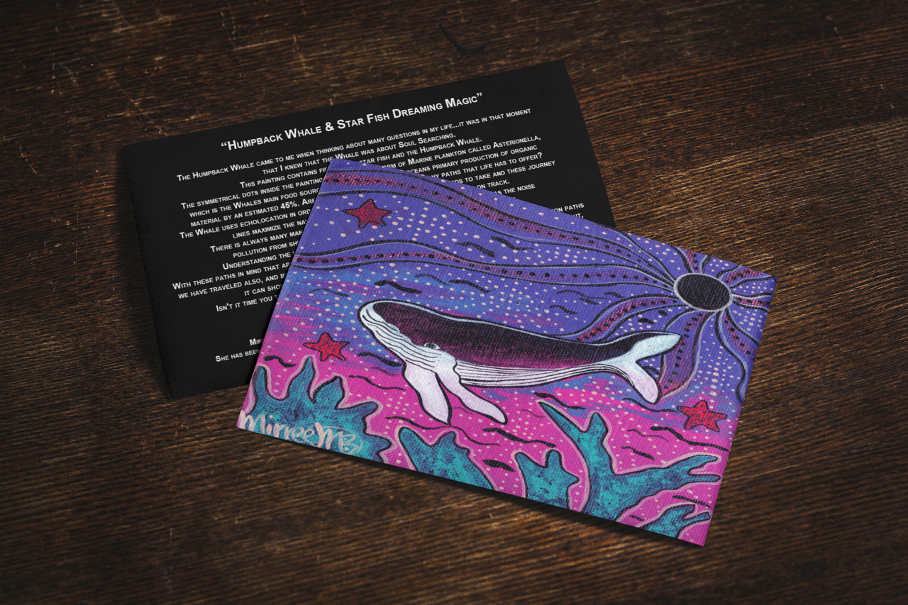 'Humpback Whale with starfish Dreaming' Aboriginal Art A6 Story PostCard Single by Mirree