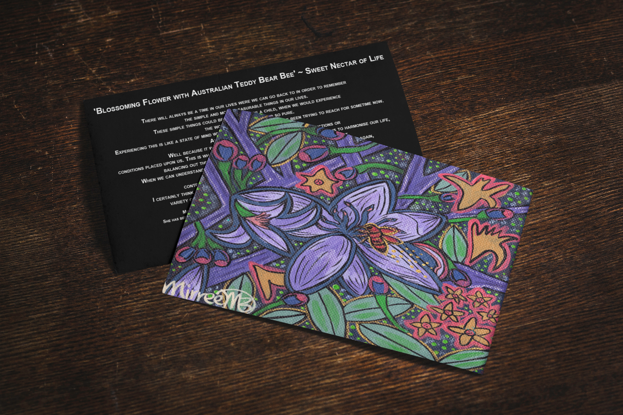 'Blossoming Flower with Australian Teddy Bear Bee' Aboriginal Art A6 Story PostCard Single by Mirree