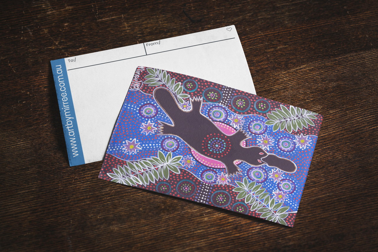 Platypus Dreaming with Pink Moon & Lotus Aboriginal Art by Mirree A6 PostCard Single