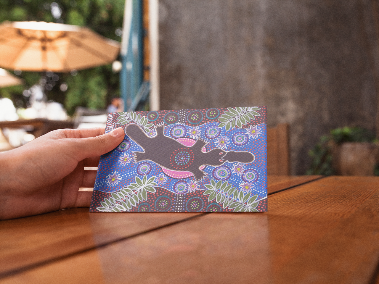 Platypus Dreaming with Pink Moon & Lotus Aboriginal Art by Mirree A6 PostCard Single