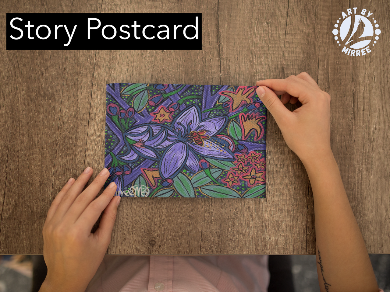 'Blossoming Flower with Australian Teddy Bear Bee' Aboriginal Art A6 Story PostCard Single by Mirree