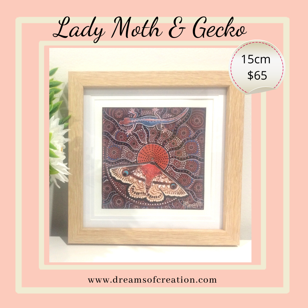 'Lady Moth and Gecko' 15cm Framed CANVAS PRINT by Mirree Contemporary Aboriginal Art