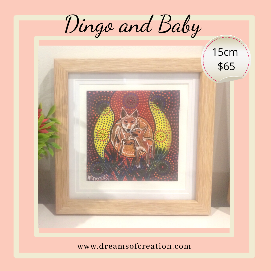 'Dingo and Baby' 15cm Framed CANVAS PRINT by Mirree Contemporary Aboriginal Art