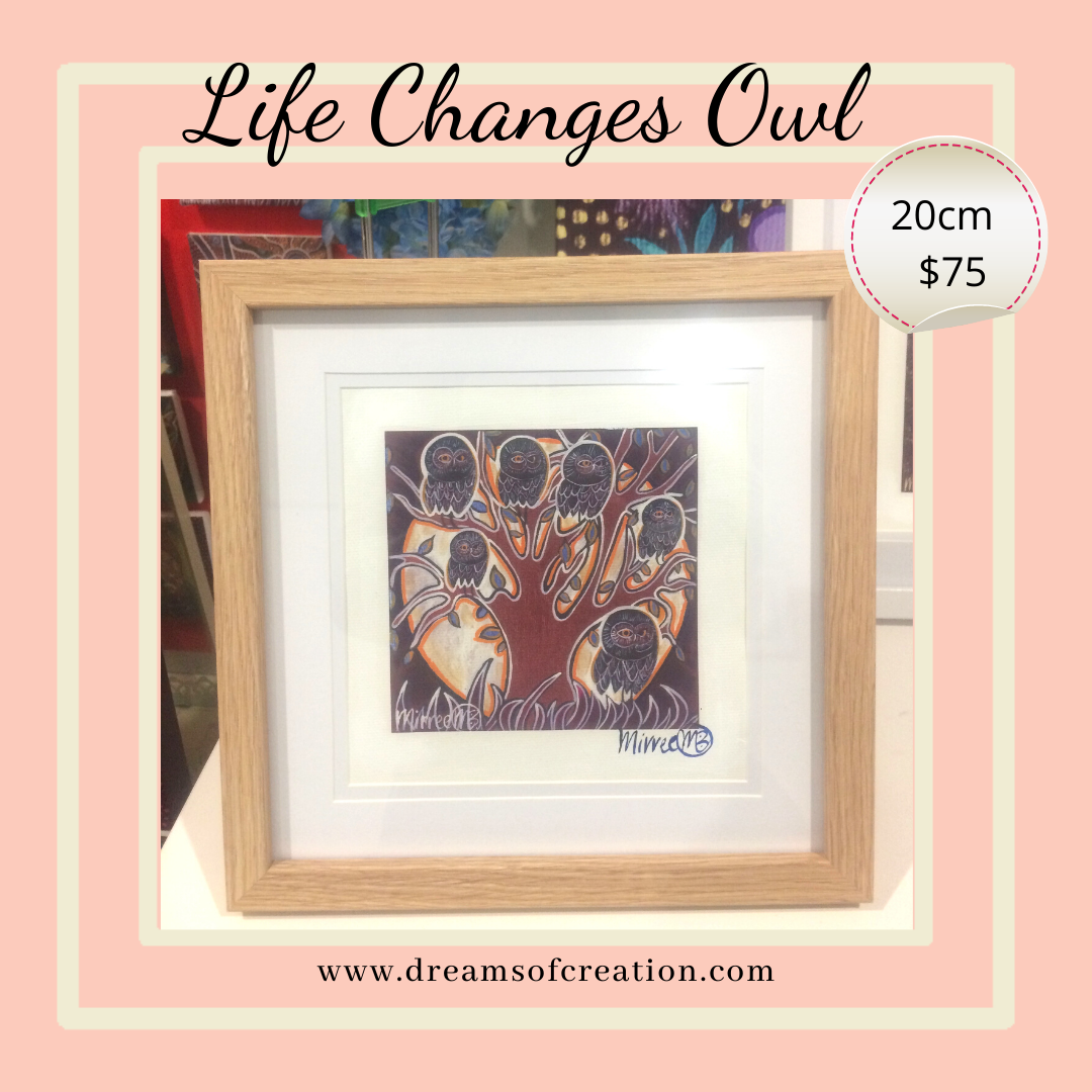 'Life Changes Owls' 20cm Framed CANVAS PRINT by Mirree Contemporary Aboriginal Art