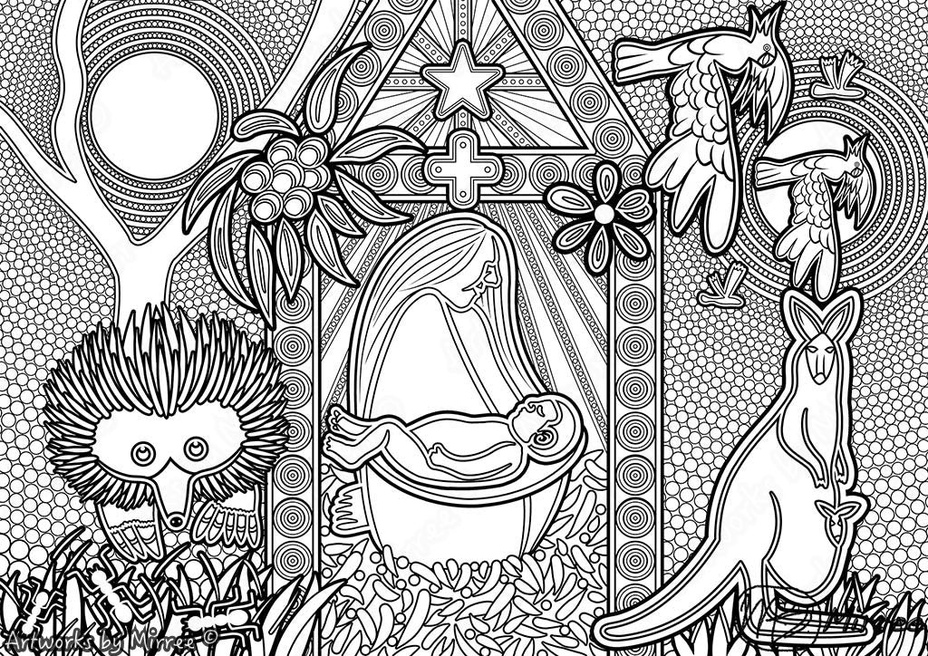 'Xmas Nativity Scene Colouring Single PDF COLOURING PAGE' by Mirree Contemporary Dreamtime Series